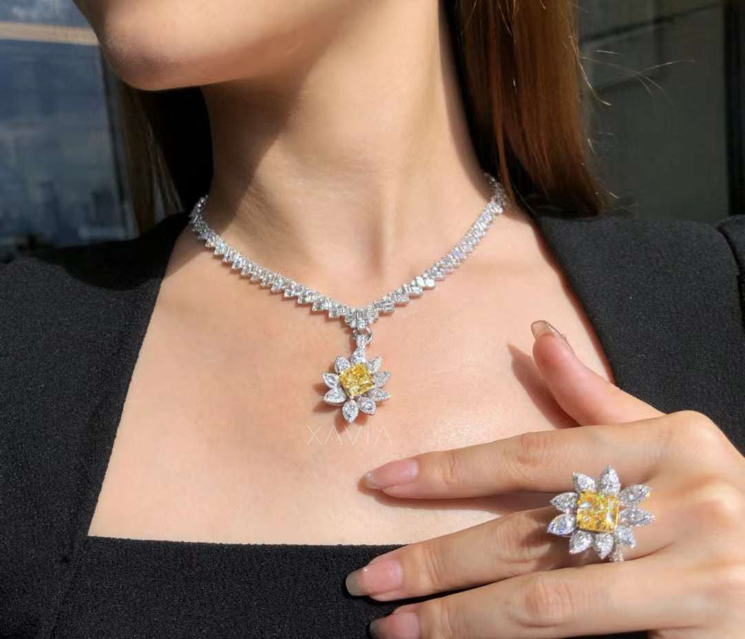 close-up of radiant fancy yellow diamond floral pendant necklace paired with cocktail ring, platinum lab-grown jewelry